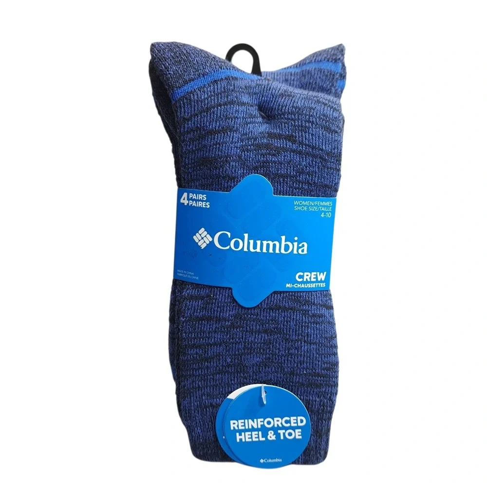 COLUMBIA 4‎ Pairs Women's Crew Socks Blue Reinforced Heel & Toe Shoe Size 4-10